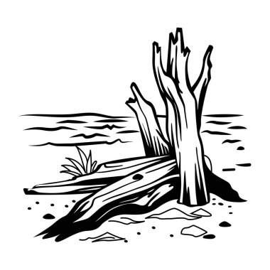 Sahilde sürüklenen ağaçları tasvir eden karalama simgesi 