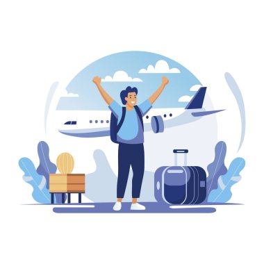 Düz çizimler mutlu bir yolcunun bavuluyla uçağa binmeye hazır olduğunu gösteriyor.