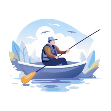 Bu düz çizim, sakin bir göldeki teknede huzurlu bir günün tadını çıkaran birini gösteriyor.