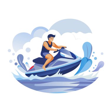 Düz bir illüstrasyon, bir insanın heyecan verici bir jet ski yolculuğundan hoşlandığını gösteriyor.  