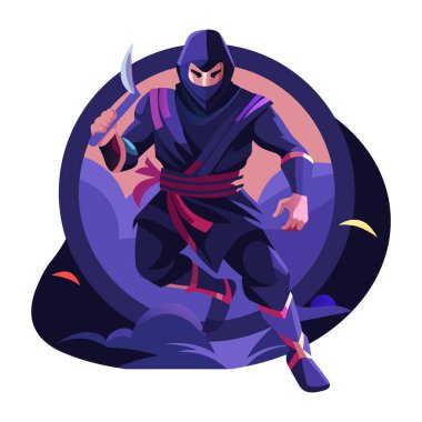 Dövüş pozisyonunda Ninja karakter, düz illüstrasyon 