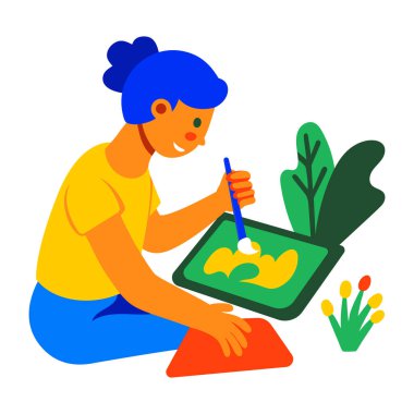 Dijital sanat yapan bir kızın düz karakter ikonu 