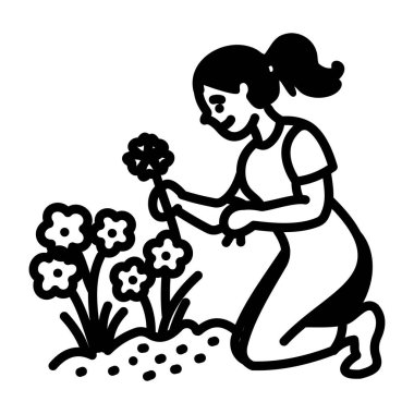 Bahçeden çiçek toplayan bir kızın el çizimi ikonu. 