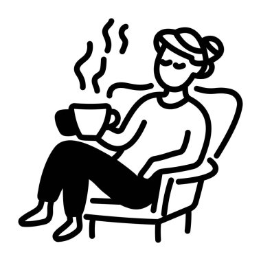 Kanepeye oturup çay içen birinin el çizimi ikonu. 