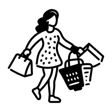 Alışveriş torbaları tutan bir kadının el çizimi ikonu.