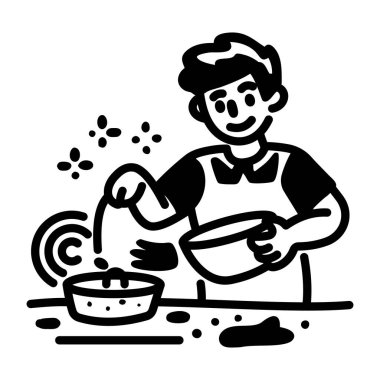 Mutfakta yemek pişiren bir insanın el çizimi simgesi. 