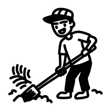 Kürekle toprağı kazan birinin el çizimi simgesi. 