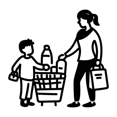 Çocuğuyla alışveriş yapan bir annenin el çizimi ikonu. 