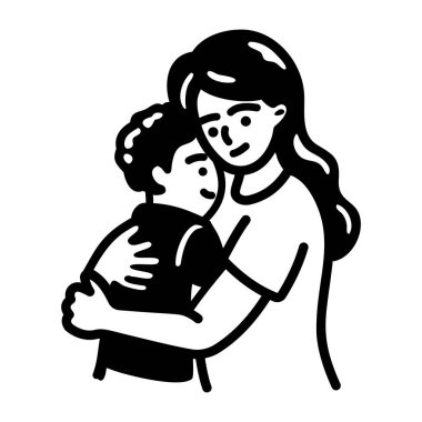Çocuğuna sarılan bir annenin el çizimi ikonu. 