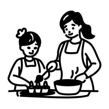 Anne kızıyla yemek yapıyor, el çizimi bir ikon. 