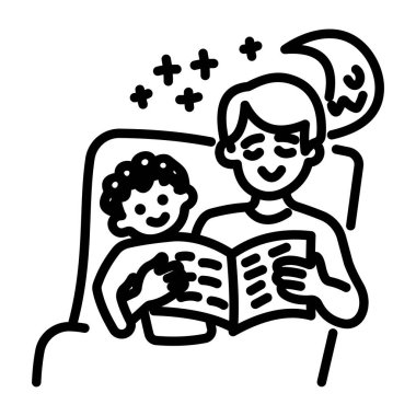 Oğluna hikaye anlatan babanın el çizimi ikonu. 