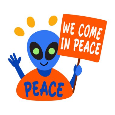 Barışçıl tipografisi olan dost canlısı bir uzaylı çıkartması.