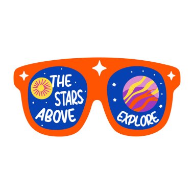 Gezegen ve yıldızlarla dolu düz bir uzay gözlüğü çıkartması. 