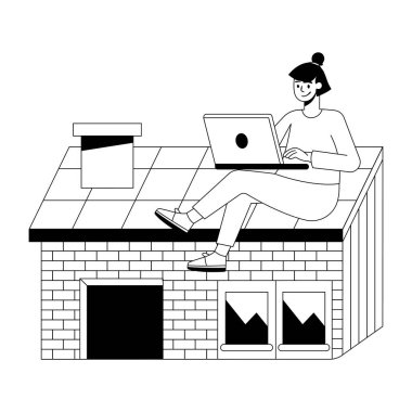 Evden uzak iş yapan bir kadının el çizimi. 