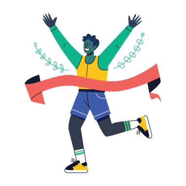 Kazanan, bitiş çizgisini geçerken kollarını zaferle kaldırmış şekilde düz bir şekilde resmedilmiş.