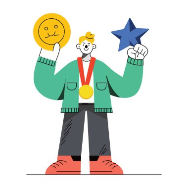 A flat illustration of a person happy at getting winner reward  clipart