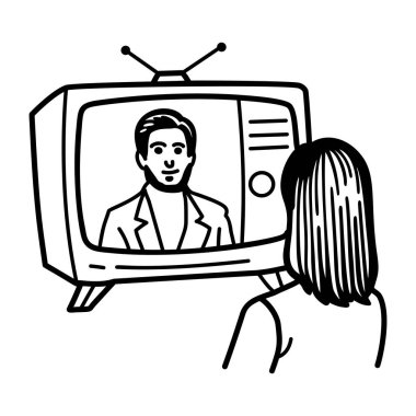 Çizgi film tarzında televizyon ikonu izleyen bir karakter 