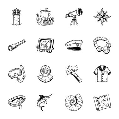 El Çizimi Denizcilik Simgeleri Seti 