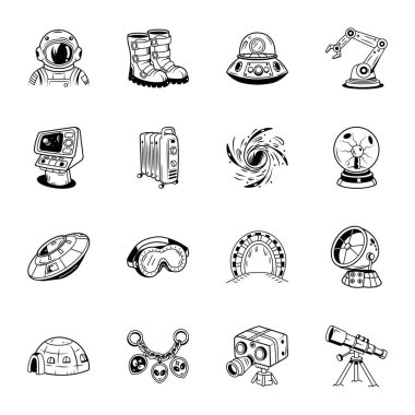 Doodle Biçimli Uzay Astronot Simgeleri Paketi 