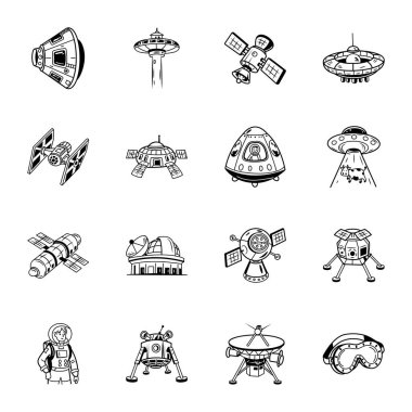 Astronotların Koleksiyonu ve Uzay Aracı Doodle Simgeleri 