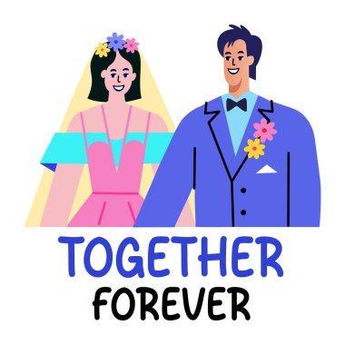 A flat sticker of married couple with together forever typography clipart