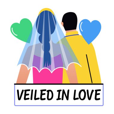 A flat sticker of wedding couple with veiled in love typography clipart