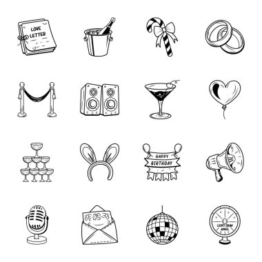 Parti Doodle Biçimi Simgelerinin Koleksiyonu 