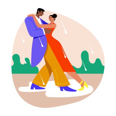 Romantik çiftin yağmur dansı yaptığı düz bir resim.