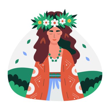 Çiçekli taç giyen bir kızın düz çizimi.