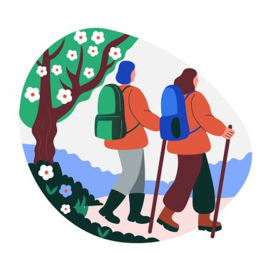 Bahar yürüyüşü yapan arkadaşların düz çizimi