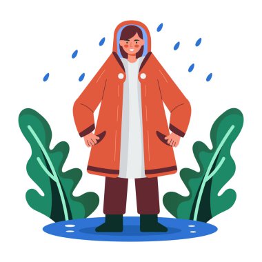 Yağmurluk giyen mutlu karakter yağmurun keyfini çıkarıyor, düz çizim.