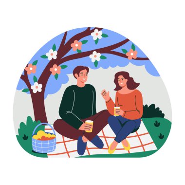 Çift bahar pikniğini seviyor, düz çizim