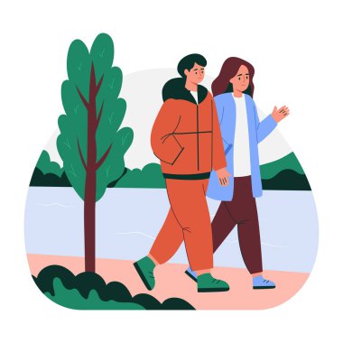 Çift bahçede yürüyor, düz stil çizimi.