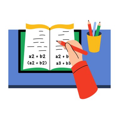 Eller matematik defterine yazılıyor, düz stil illüstrasyon