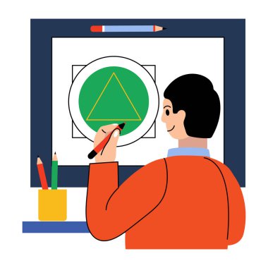 Yazılı bir üçgen çizen öğrenci, düz çizim