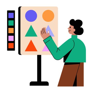 Geometrik bir sanat eseri üzerinde çalışan sanatçı, düz çizim