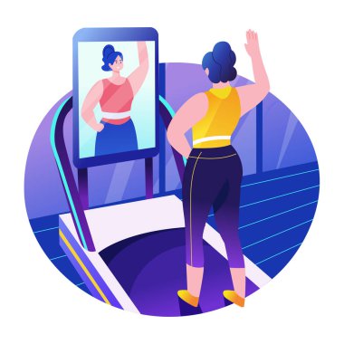 Sanal fitness eğitmeniyle egzersiz yapan kişi, düz çizim