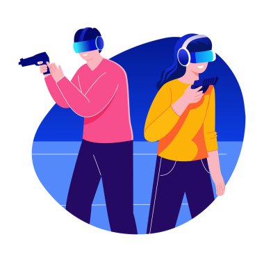 VR teknolojisi, düz illüstrasyon kullanarak atış oyunu oynayan kişiler