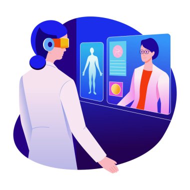 VR sağlık hizmetlerini tasvir eden gözlüklü bir doktorun düz bir çizimi.