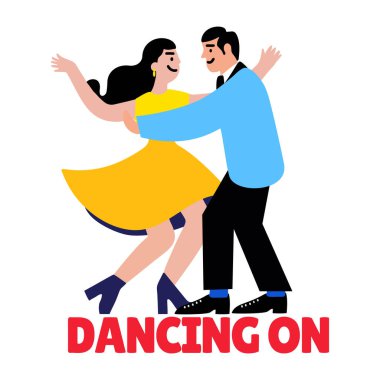 Bir çiftin tipografi üzerinde dans ederek tango yaptığı düz stil çıkartması.