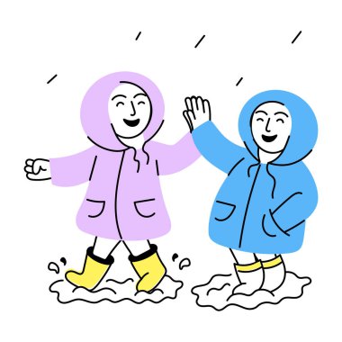 Yağmurdan zevk alan iki arkadaşın el çizimi