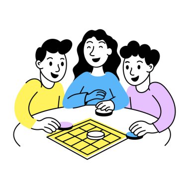 Birlikte oyun oynayan arkadaşların el çizimi bir illüstrasyonu