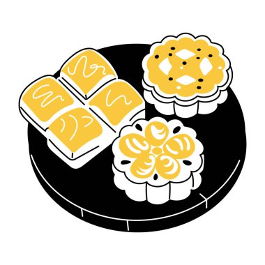 Çeşitli şekerleme öğeleri ile tabak, karalama tarzı illüstrasyon