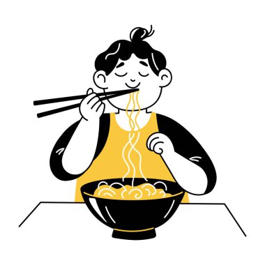 Çubukla erişte yiyen bir karakterin karalama çizimi.