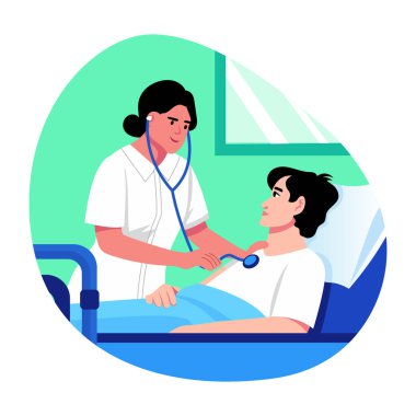 Bir kadın doktor bir hastayı muayene ediyor, düz çizim.