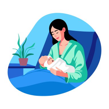 Yeni doğmuş bir bebeği taşıyan bir anne, düz çizim.