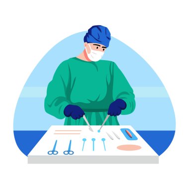 Aletlerini kontrol eden bir cerrahın düz çizimi