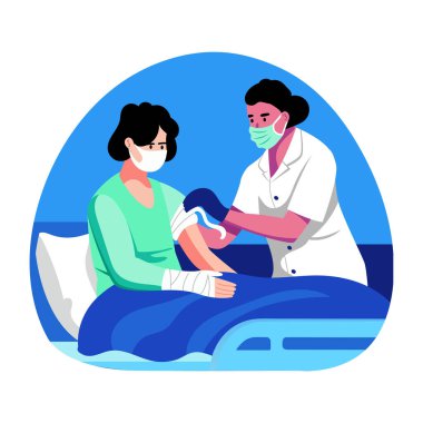 Hastanın yarasını saran bir doktor, düz çizim.