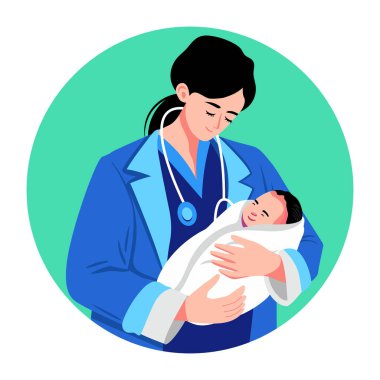 Yeni doğmuş bir bebeği kucağında tutan bir kadın doktor.