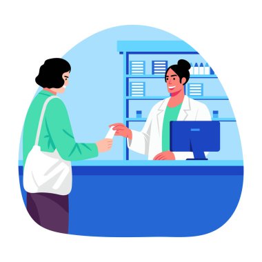 Bir kadının eczaneden ilaç aldığını gösteren düz çizimler.